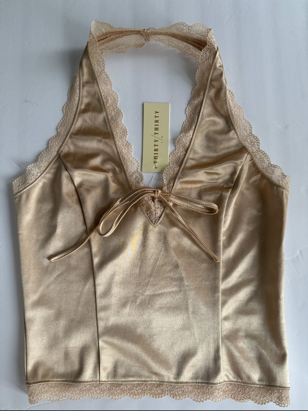 Thirty Thirty LA Satin Lace Bow Halter Top - Size Medium - NWT